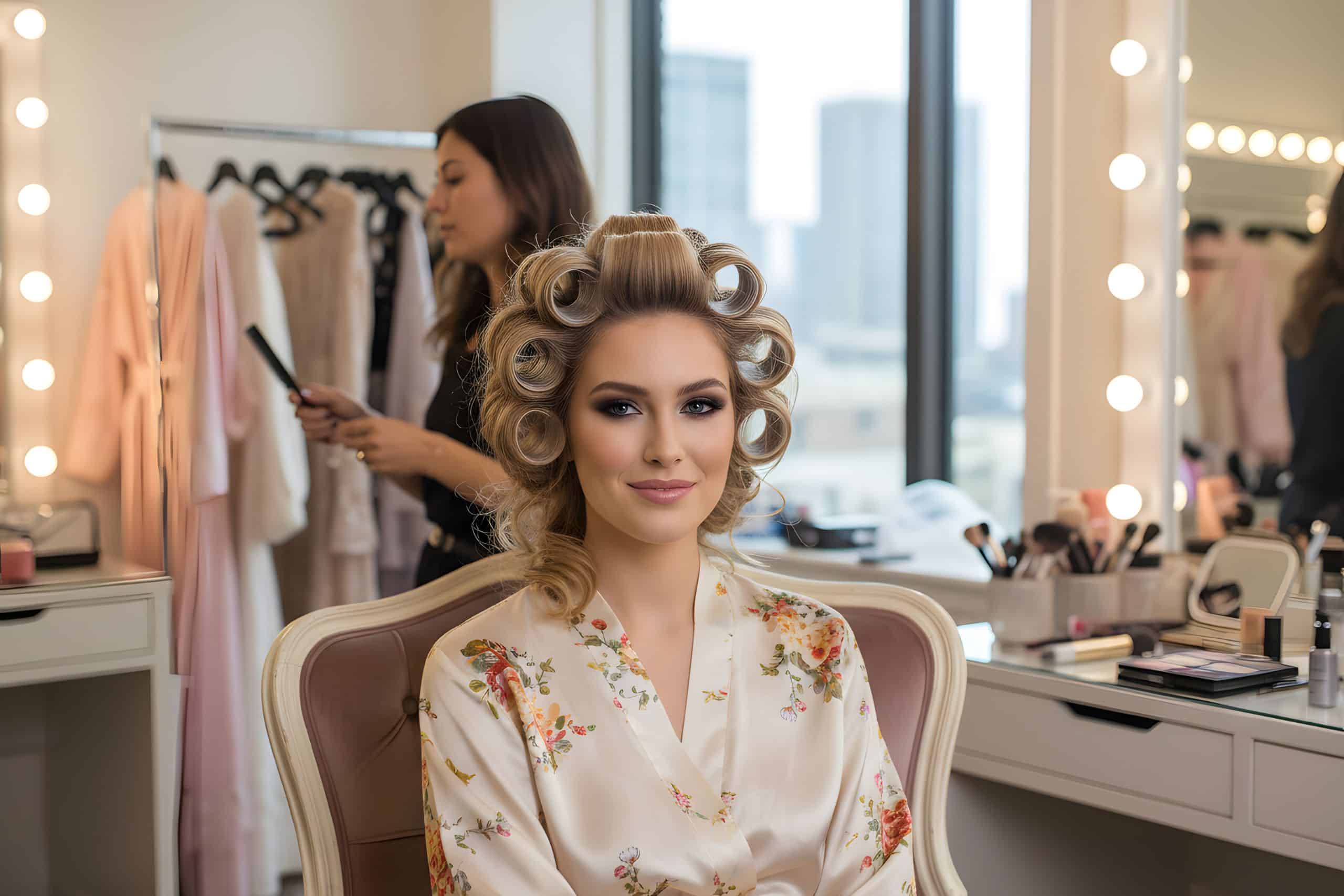 bridal hair and makeup service at a salon